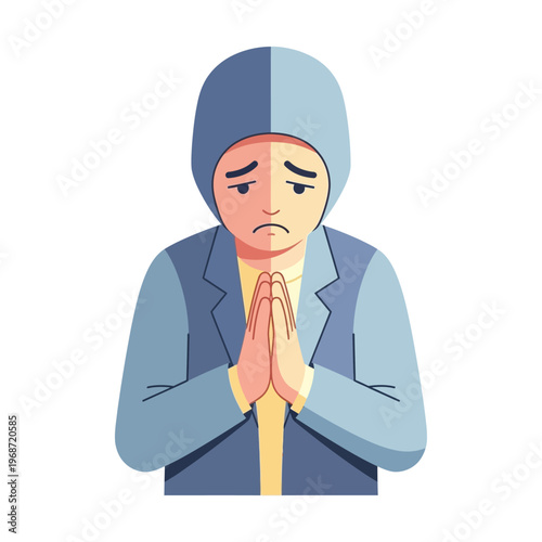 Sad Person Praying with Hands Together, Asking for Forgiveness or Help