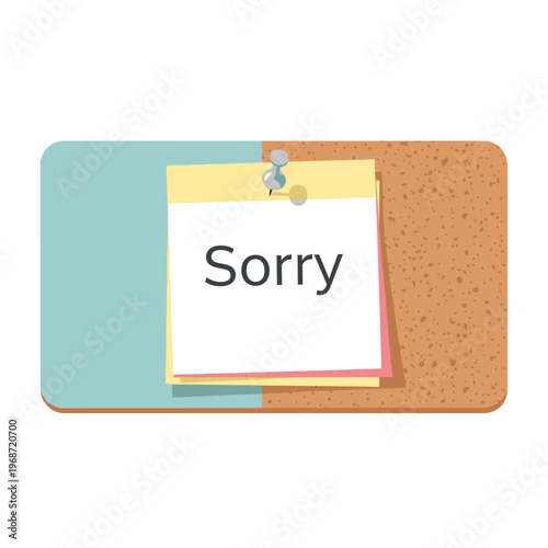 Sorry message on sticky notes pinned to a corkboard with blue background