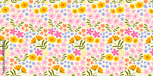 Colorful vintage flower garden art seamless pattern illustration. Retro nature floral background in hand drawn style. Spring season decoration texture, nature textile drawing print.