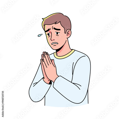 Worried Man Praying with Clasped Hands, Sweat Drop, Anxiety Expression