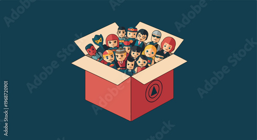 A red cardboard box filled with various stylized cartoon character head figures