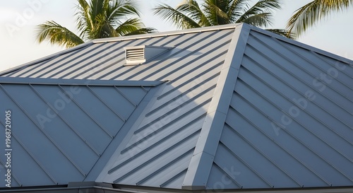 Architectural detail of a sophisticated metal roof system with integrated gutters. The image highlights the precise installation of grey steel panels on a multi-level roof, showcasing professional cra