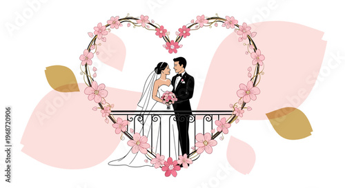 Wedding Couple in Heart Frame with Flowers