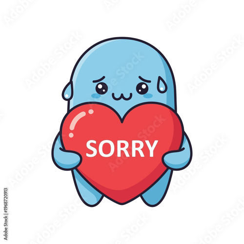 Cute Blue Monster Holding Red Heart with SORRY Text - Apology Concept