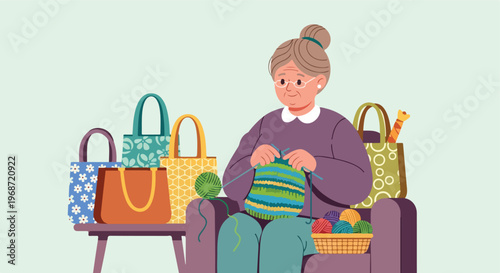 An elderly woman sits in a chair knitting while surrounded by colorful handbags