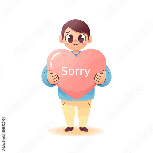 Boy Holding Pink "Sorry" Heart, Apology Concept, Expressing Regret