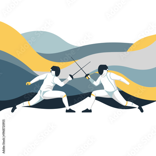 Two Fencers Competing in a Duel with Swords, Abstract Wavy Background