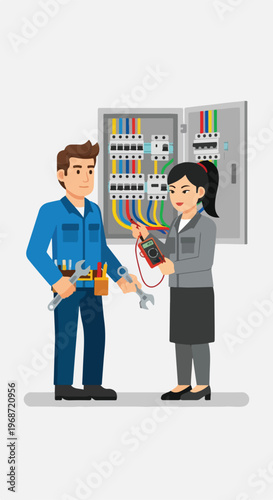 A man and a woman inspecting an open electrical circuit breaker panel box together