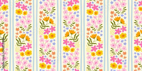 Colorful vintage flower garden art seamless pattern illustration. Retro nature floral background in hand drawn style. Spring season decoration texture, nature textile drawing print.