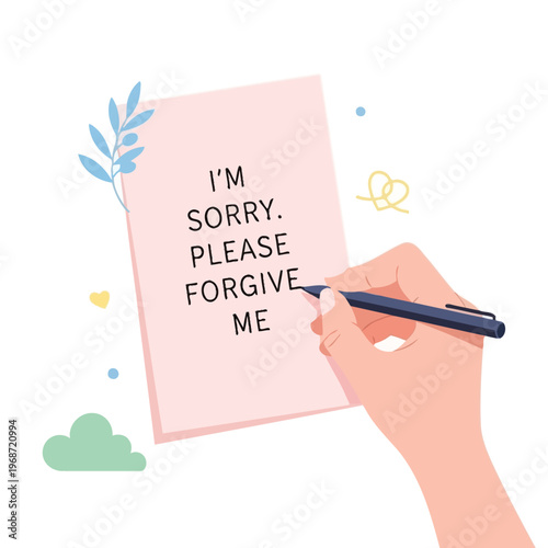 Hand writing "I'm Sorry, Please Forgive Me" on pink paper with pen, apology concept