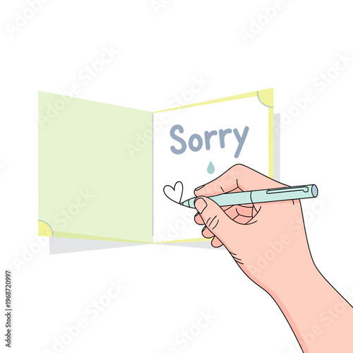 Hand writing "Sorry" on a greeting card with a heart and tear drop