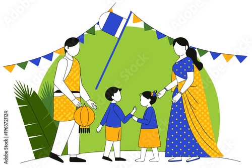 Man, woman, boy, and girl celebrating Gudi Padwa under festive decorations. Family celebration with traditional elements. Vector illustration for greeting card