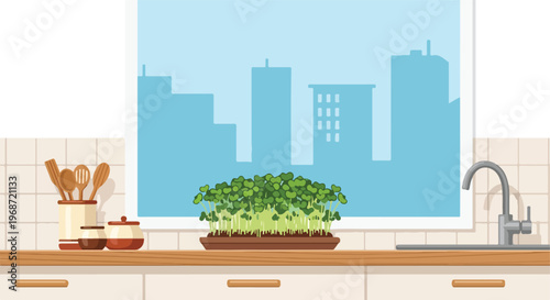 A tray of fresh green sprouts sits on a kitchen counter with city views behind