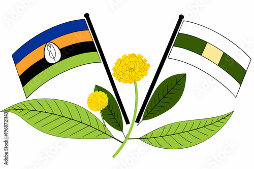 Two flags with yellow marigold flower and green mango leaves, traditional Gudi Padwa decoration. New Year celebration. Vector illustration
