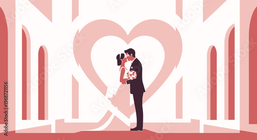 Wedding Couple Kissing Romantic Heart Archway Illustration