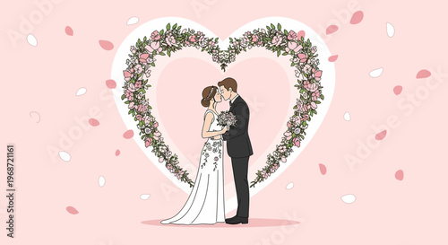 Wedding Couple Kissing Inside Floral Heart Frame with Falling Petals on Pink Background