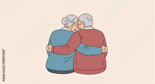 An elderly couple embraces each other tenderly with foreheads touching together