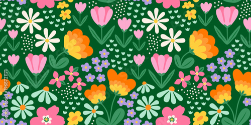 Colorful vintage flower garden art seamless pattern illustration. Retro nature floral background in hand drawn style. Spring season decoration texture, nature textile drawing print.