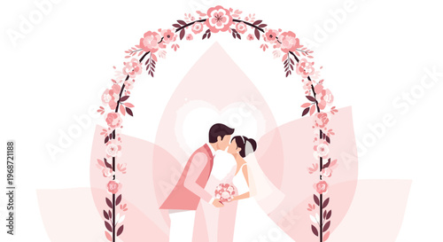 Wedding Couple Kissing Under Floral Arch - Romantic Engagement, Marriage, Love Illustration