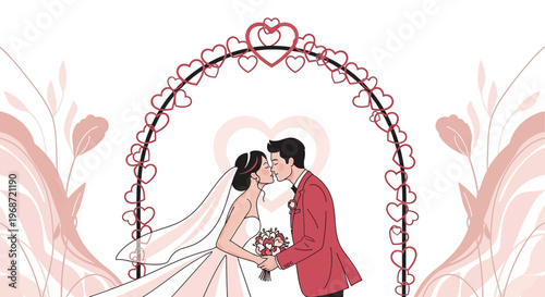 Wedding Couple Kissing Under Heart Arch - Romantic Celebration Illustration