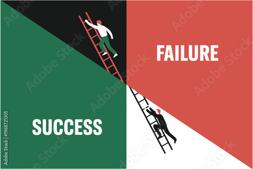 Success and failure concept with people climbing ladders on contrasting backgrounds, illustrating different paths in life