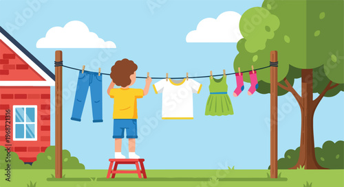 A young boy stands on a small red stool to hang laundry on a backyard clothesline