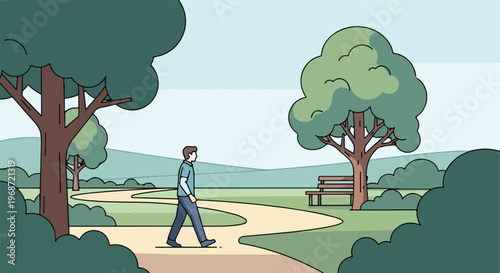 A man walking along a winding path in a serene park with trees and a bench