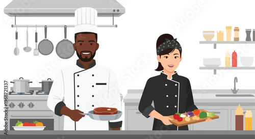A male chef holds a cooked steak as a female chef shows fresh cut vegetables