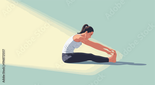 A woman in athletic wear sitting on the floor performing a seated forward bend