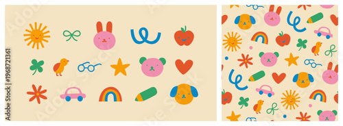 Colorful funny children doodle and seamless pattern set. Cute happy kid drawing symbol collection, diverse educational concept illustration bundle. Hand drawn diverse graphic elements. Includes dog, a