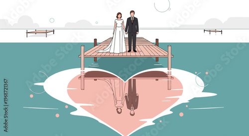 Wedding Couple on Dock Reflection in Heart Shape
