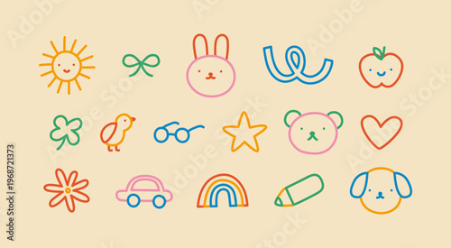 Colorful funny children doodle icon set. Cute happy kid drawing symbol collection, diverse education concept illustration bundle. Hand drawn diverse graphic elements. Includes dog, apple, rainbow.
