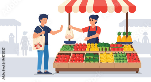 A vendor selling fresh fruits and vegetables to a customer at an outdoor market