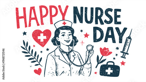 Happy Nurse Day vintage vector with retro nurse illustration, medical symbols and bold typography. Halftone textured style, isolated on transparent background, ideal for posters, cards, healthcare des