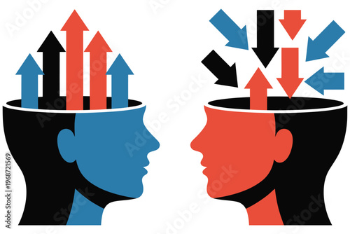 Two head profiles with opposing arrows symbolizing contrasting ideas, different perspectives, and communication challenges or insights