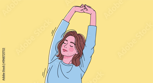 A woman with brown hair stretching her arms upwards against a yellow background