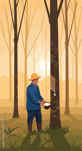 A worker collects natural rubber latex from trees in a sunny plantation setting