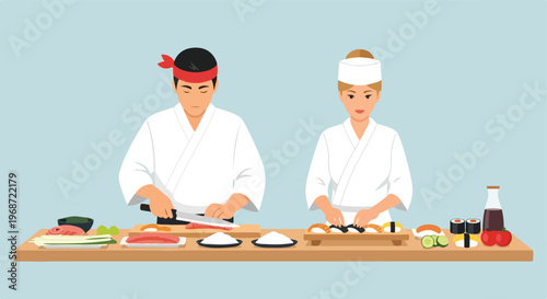 Two sushi chefs in white uniforms preparing fresh rolls behind a wooden counter