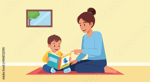 A young mother sits on a rug and reads a colorful storybook with her young son