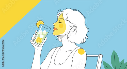 An illustration of a woman relaxing while holding a glass of refreshing lemonade