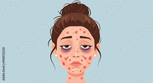 A tired young woman with dark circles under her eyes and acne on her face skin