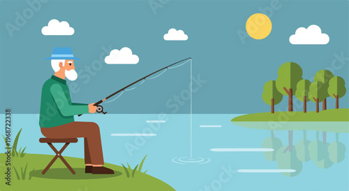 An elderly man with a white beard sits on a stool fishing by a peaceful lake