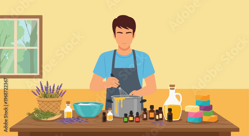A man in an apron stirs a pot while making handmade soap with herbal essences
