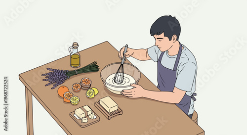 A man in an apron whisks ingredients in a bowl on a table with baking supplies