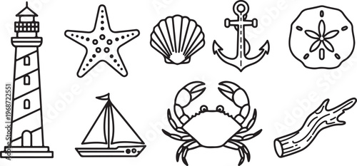 A collection of various maritime and nautical symbols in simple line art style Vector