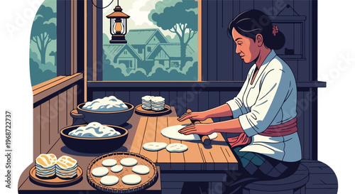 A woman rolls out dough on a wooden table in a rustic room with a countryside view