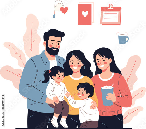 Happy multiethnic family with children holding paper hearts together