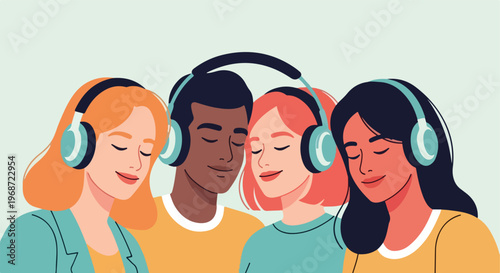 A group of diverse young people closing their eyes and listening to music