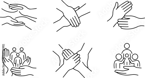 Helping Hands Icons Set — Protection, Care, Support, Community Line Symbols