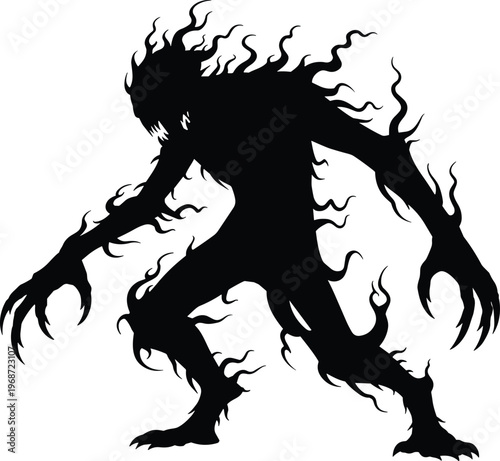 Shadow monster silhouette vector illustration with wispy smoke edges for dark fantasy horror gaming and supernatural creature character design,